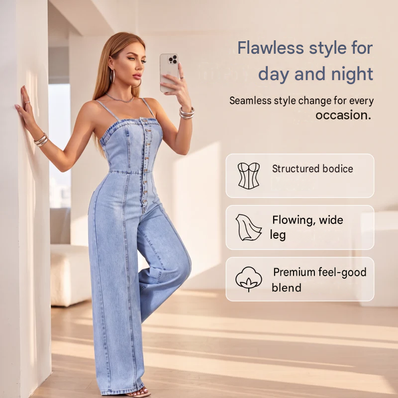 👖 50% OFF! ✨ Women's Spaghetti Strap Wide-Leg Denim Jumpsuit – Casual Summer Look