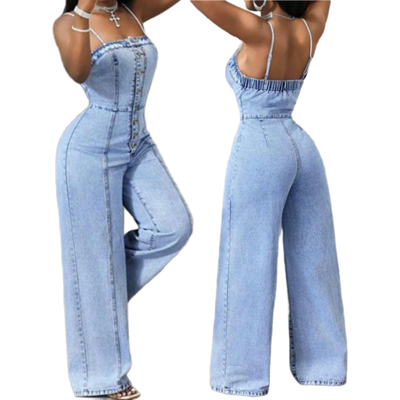 👖 50% OFF! ✨ Women's Spaghetti Strap Wide-Leg Denim Jumpsuit – Casual Summer Look