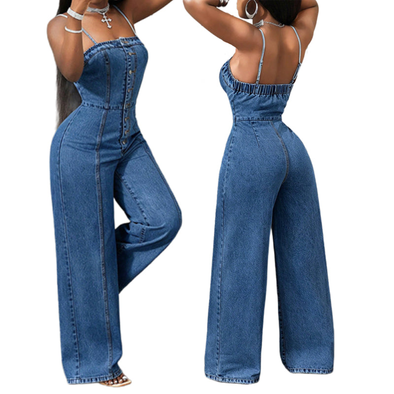 👖 50% OFF! ✨ Women's Spaghetti Strap Wide-Leg Denim Jumpsuit – Casual Summer Look