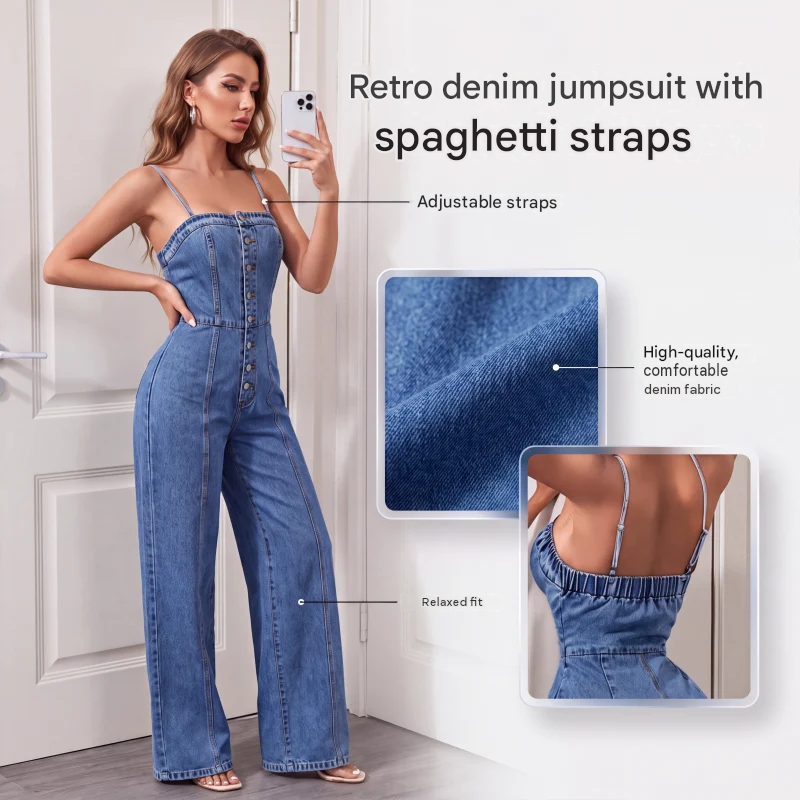 👖 50% OFF! ✨ Women's Spaghetti Strap Wide-Leg Denim Jumpsuit – Casual Summer Look