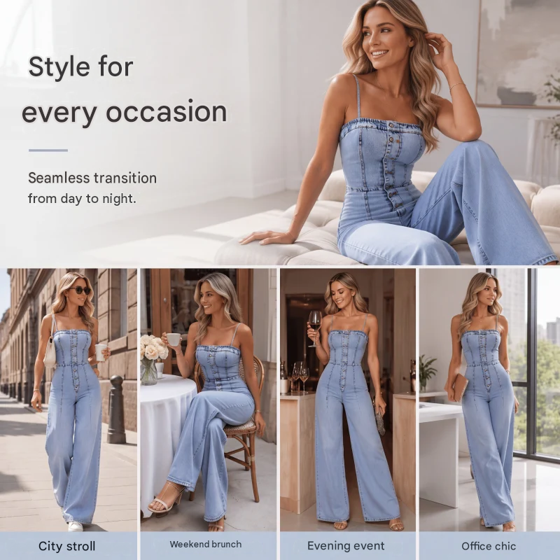 👖 50% OFF! ✨ Women's Spaghetti Strap Wide-Leg Denim Jumpsuit – Casual Summer Look