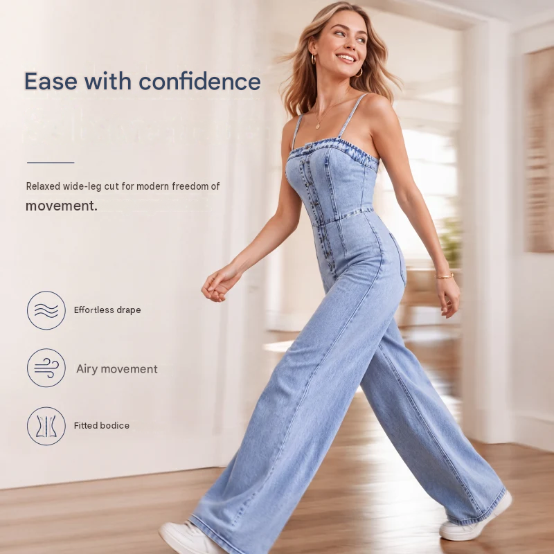 👖 50% OFF! ✨ Women's Spaghetti Strap Wide-Leg Denim Jumpsuit – Casual Summer Look