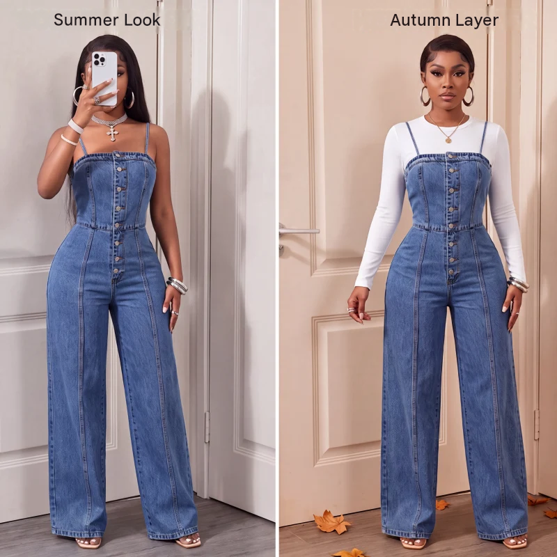 👖 50% OFF! ✨ Women's Spaghetti Strap Wide-Leg Denim Jumpsuit – Casual Summer Look
